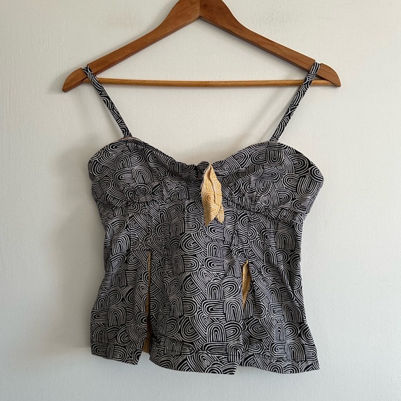 Anthropologie Odille Navy/Yellow Geometric Bow Structured Tank Top Size 0 EUC - Picture 1 of 8